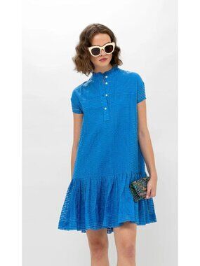 Oliphant Cap Sleeve Mini Dress XS Delray Blue Drop Waist Ruffle Neck Preppy Boho
